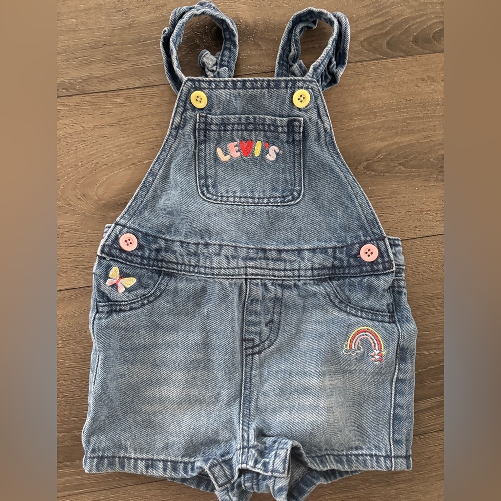 Levi's Blue Denim Short Overalls with Rainbow & Butterfly Accents